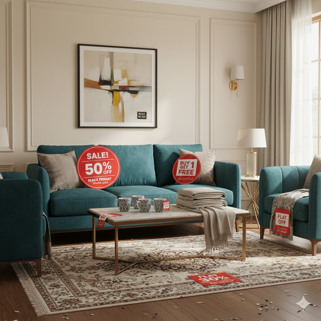 Pakistani home interior featuring discounted furniture and linens from Black Friday sales.