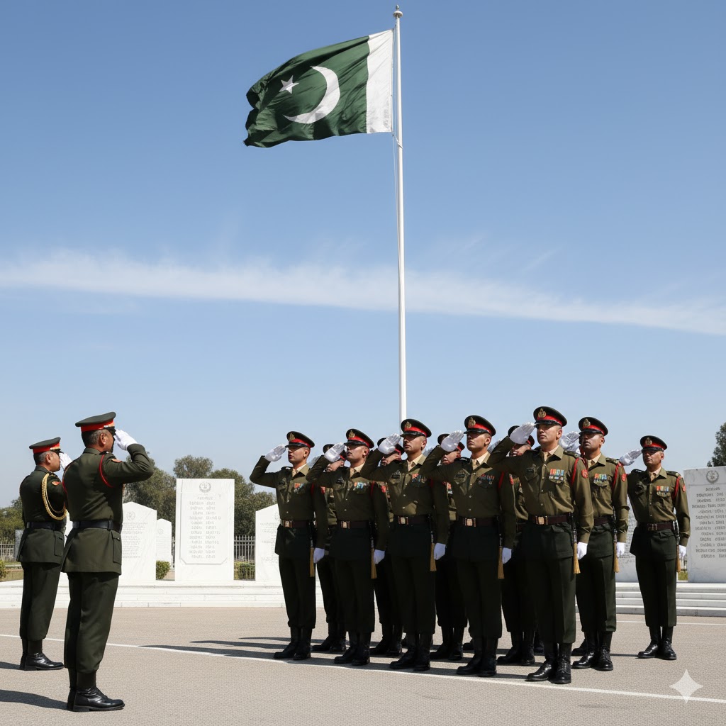 Pakistani soldiers saluting during Defence Day commemoration