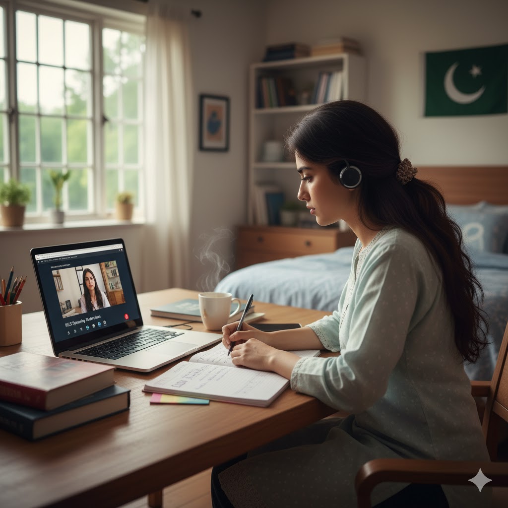 Pakistani student attending an online education class on laptop at home