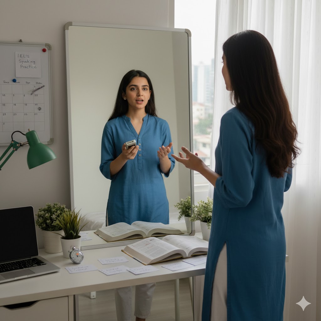Pakistani student practicing IELTS speaking section in front of mirror.