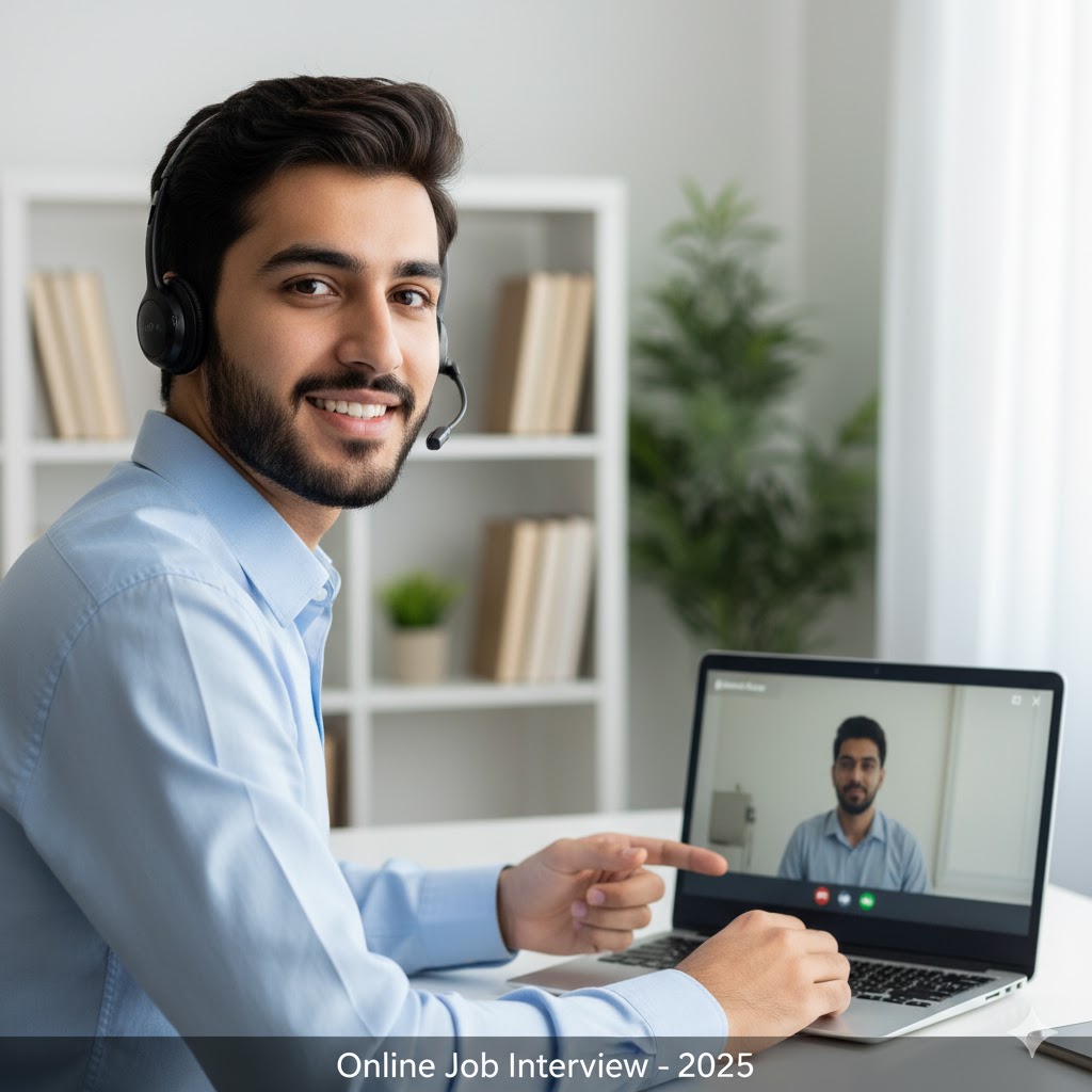 Pakistani student speaking confidently during an online job interview 2025