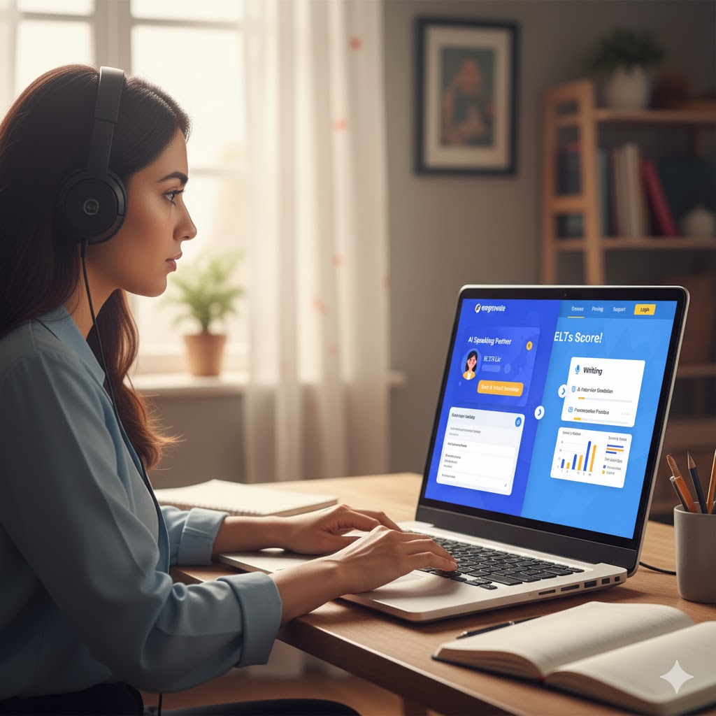 Pakistani student taking computer-based IELTS exam at home using Engnovate and IELTS Liz tools