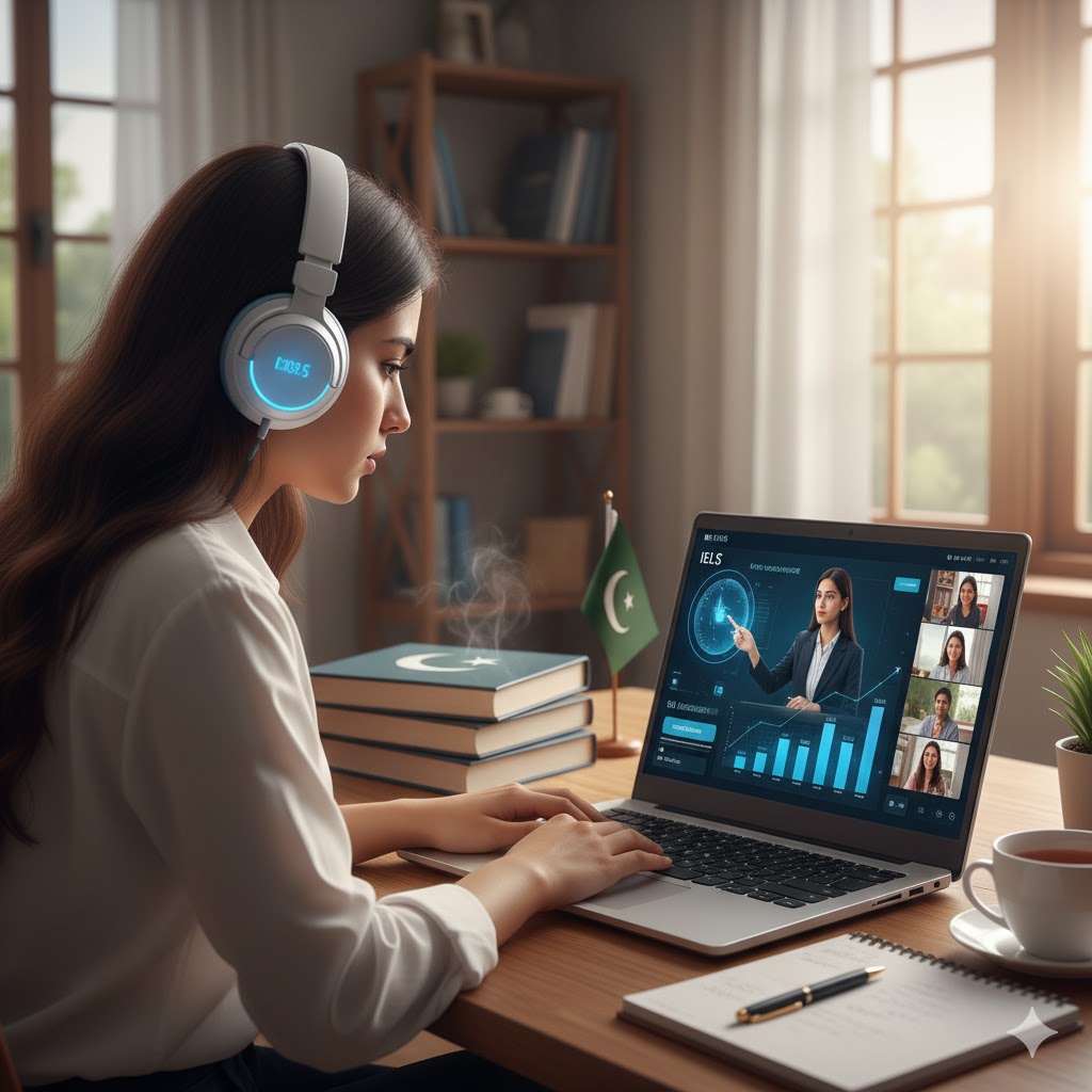 Pakistani student taking online IELTS preparation class 2025 with headphones.