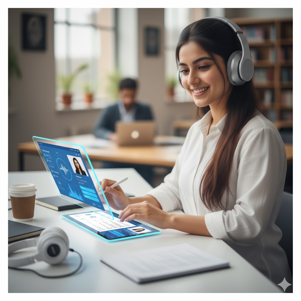 Pakistani student using AI-based IELTS preparation app with instructor feedback 2025