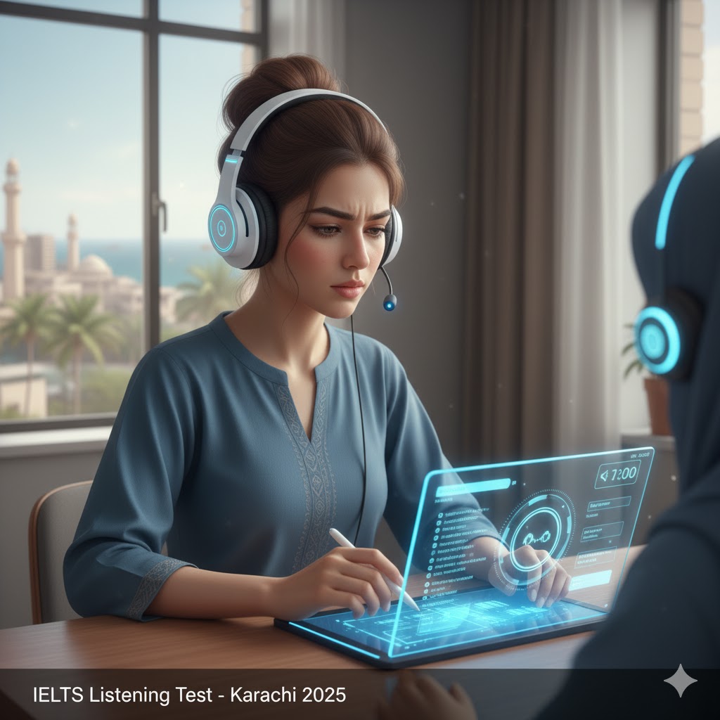 Pakistani student using AI-powered headphones for IELTS listening test – Karachi 2025