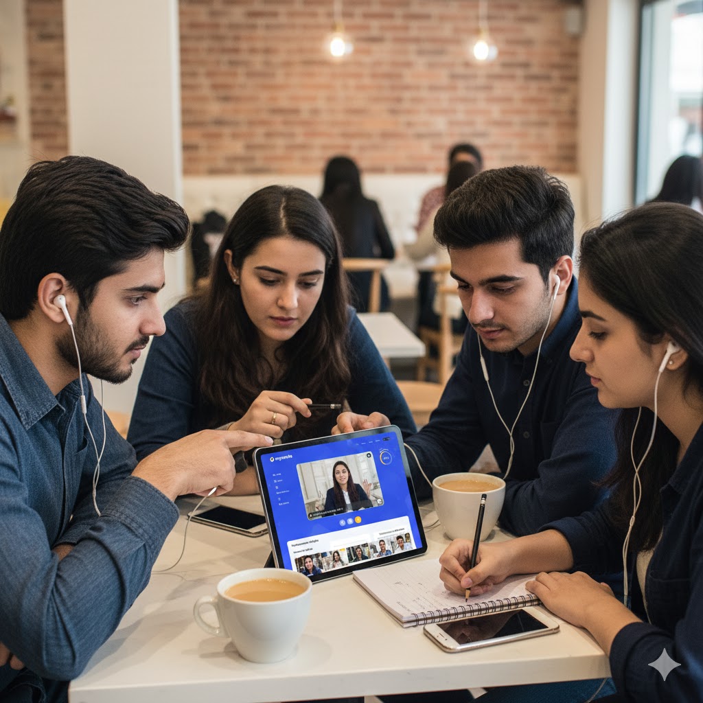 Pakistani students attending virtual IELTS class through Engnovate mobile app