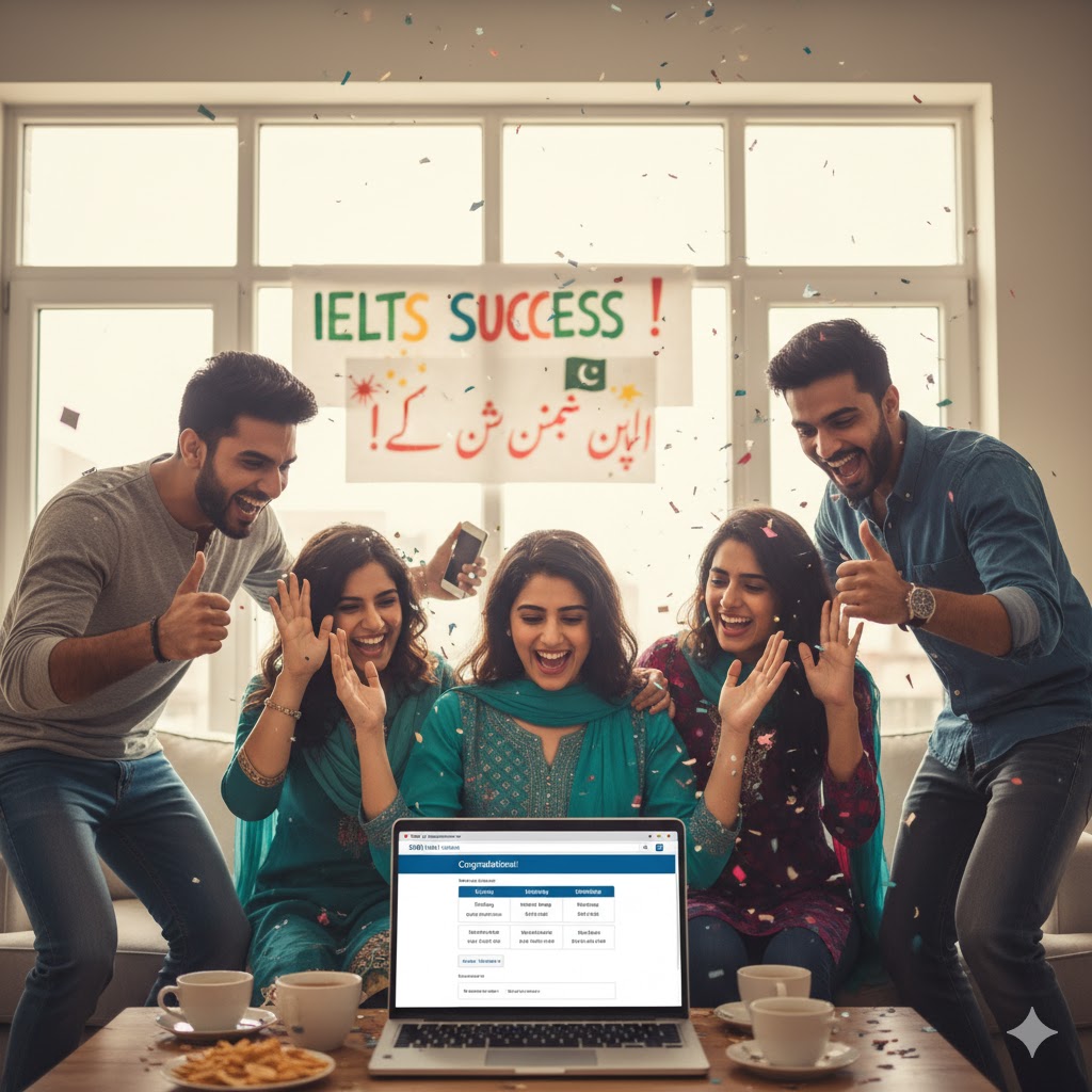 Pakistani students celebrating IELTS success after checking results online