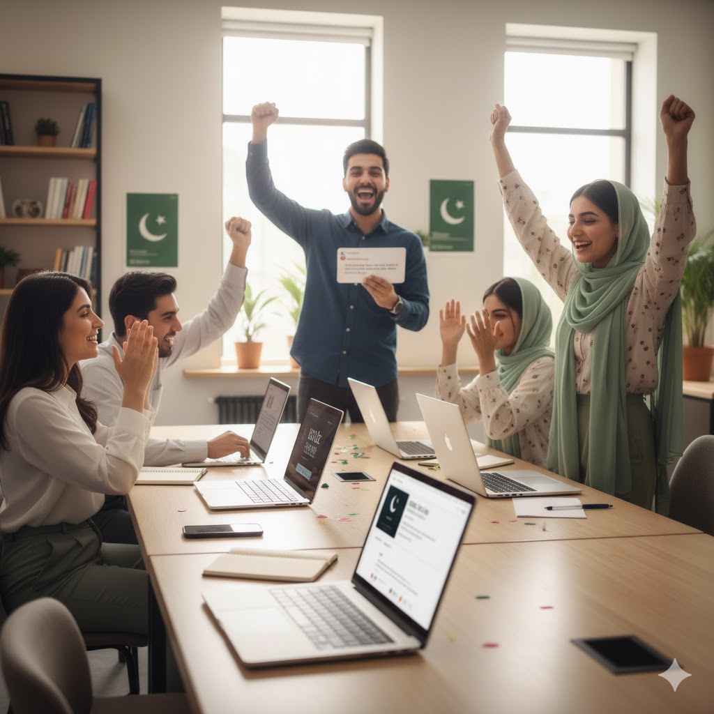 Pakistani students celebrating IELTS success after using Engnovate and IELTS Liz software