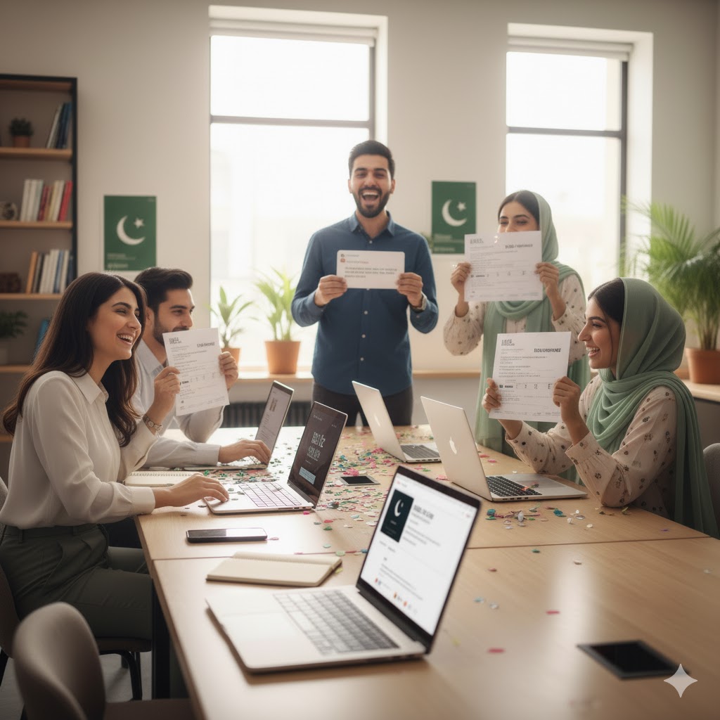 Pakistani students celebrating IELTS success with certificates in hand