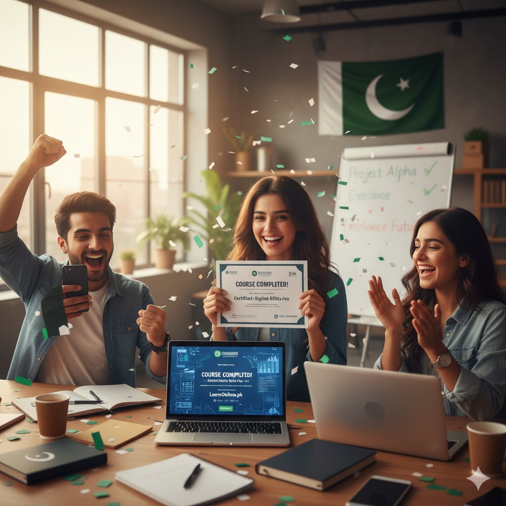Pakistani students celebrating after completing an online certification course