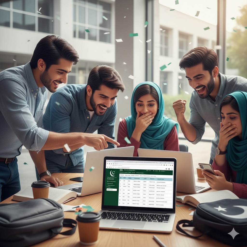 Pakistani students checking SSC and HSSC results on laptops and mobiles
