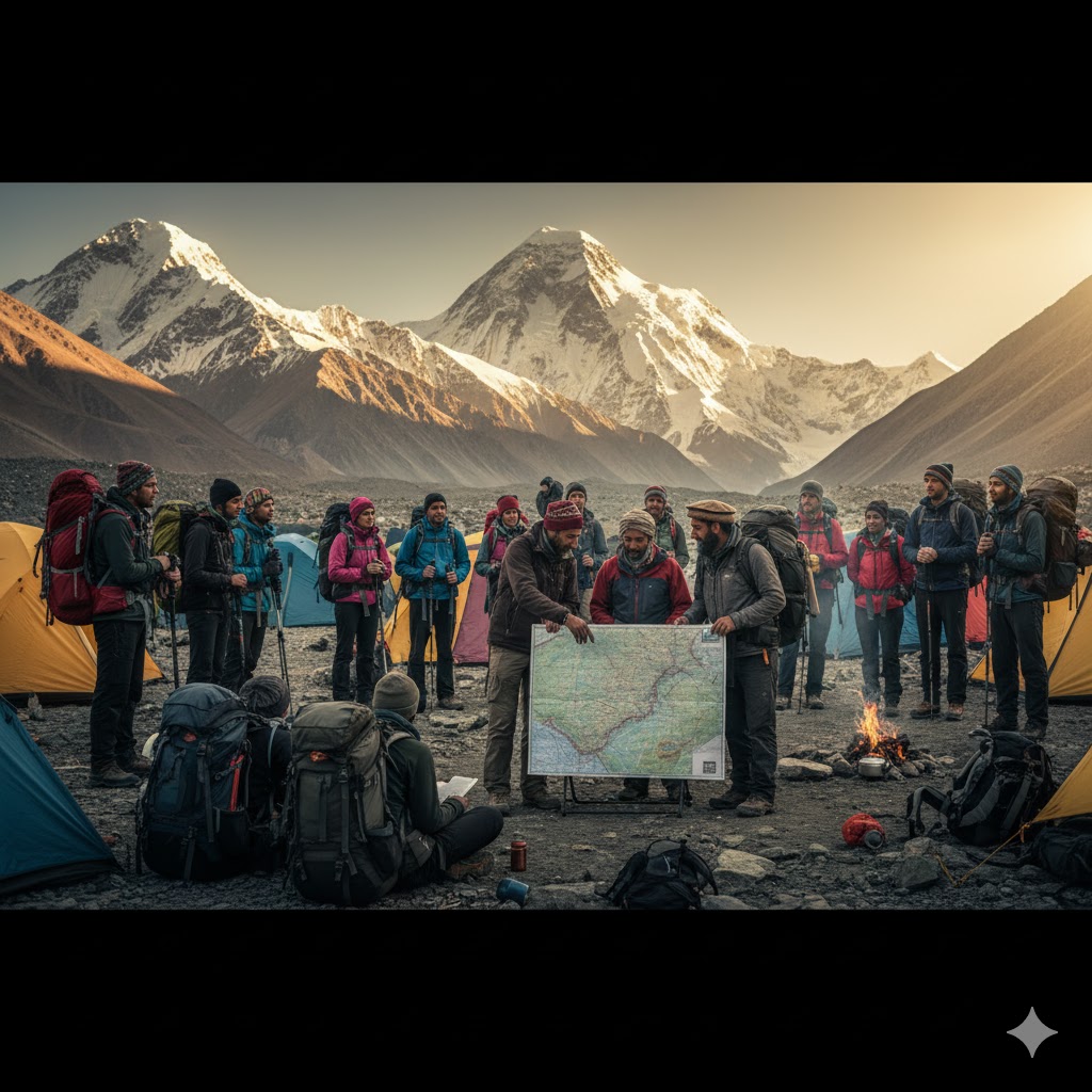 Pakistani trekking instructors briefing international hikers at Skardu camp before K2 trek