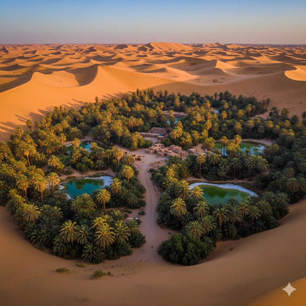 Palm-filled Siwa Oasis surrounded by golden dunes in Egypt’s Western Desert.