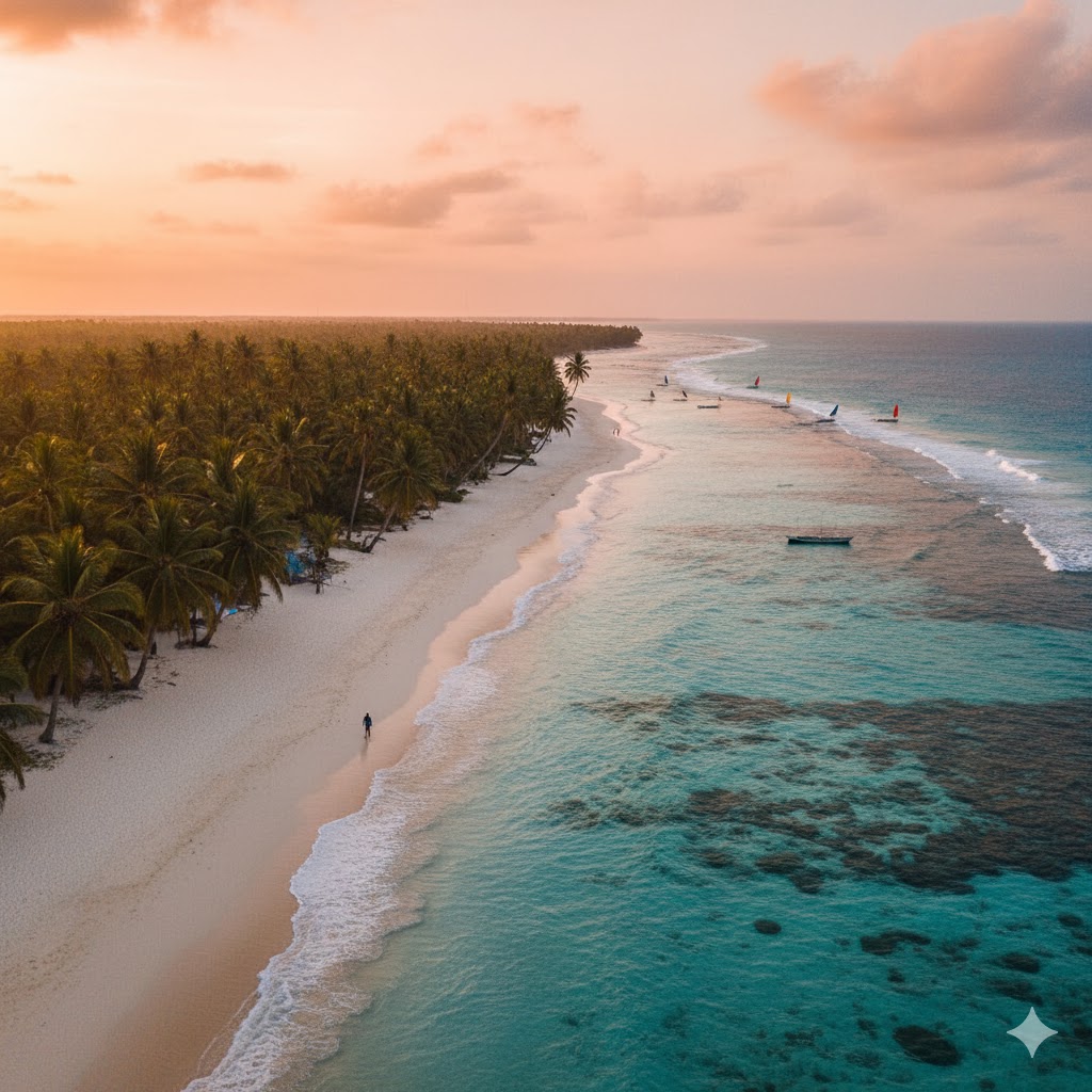 Palm-fringed beach in the Bijagós Islands, Guinea-Bissau