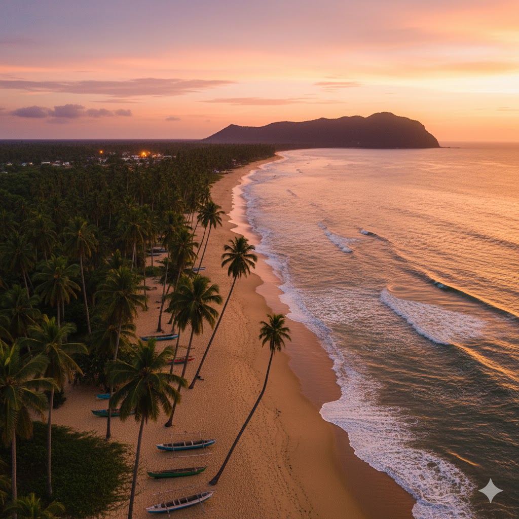 Palm-fringed beach near Robertsport with golden sand, Liberia