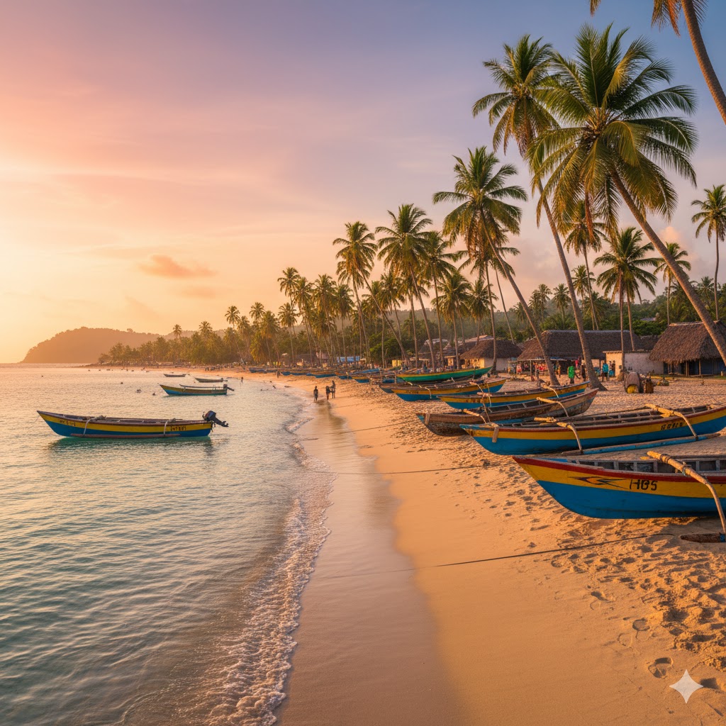 Palm-fringed beach with fishing boats near Freetown, Sierra Leone