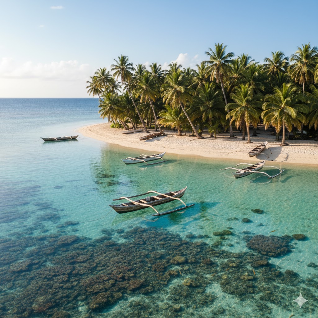 Palm-lined beach and wooden canoes on clear lagoon, Tuvalu