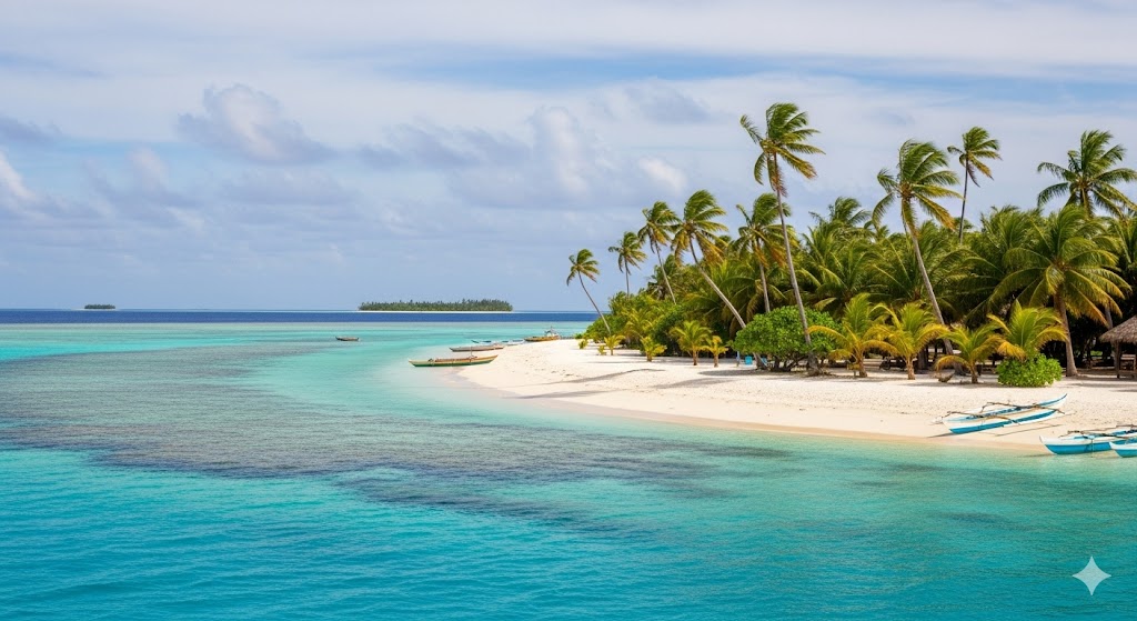 Palm trees and white sand surrounding turquoise lagoon, Kiribati