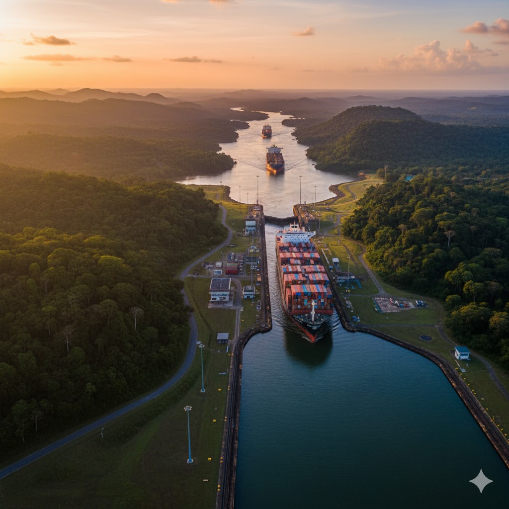 Panama Canal with passing ships and tropical green hills
