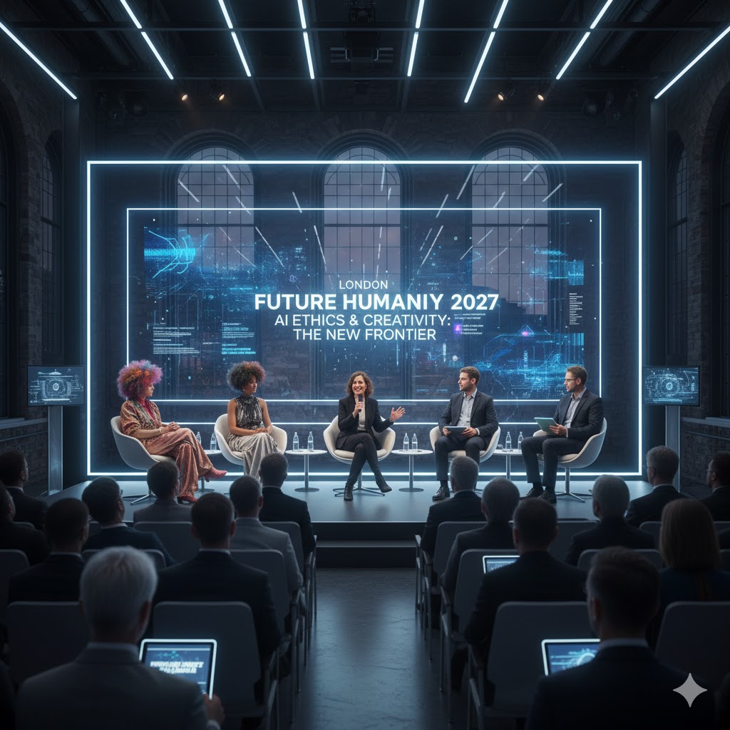 Panel of AI ethicists and artists speaking at Future Humanity Summit 2027 London
