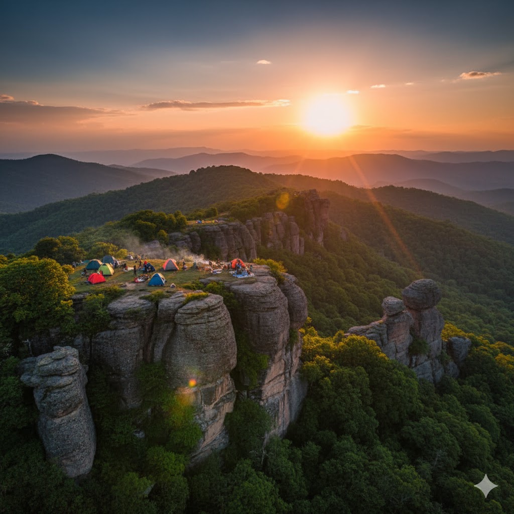 Panjpeer Rocks near Kahuta showing dramatic cliffs, sunset view, and picnic campers.