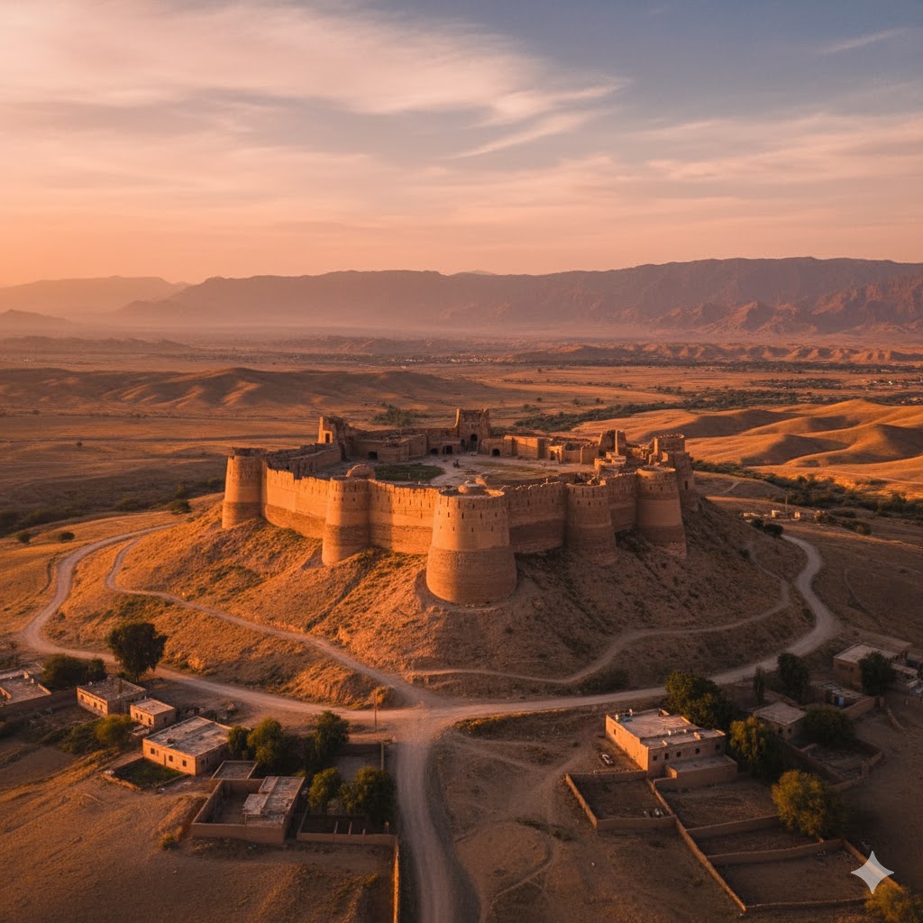 Panoramic photo of Kalat Fort walls under golden evening light surrounded by hills