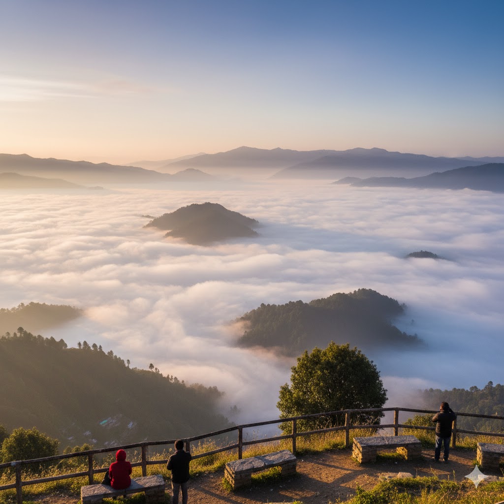 Panoramic photo of Las Danna viewpoint showing misty morning over Bagh Valley