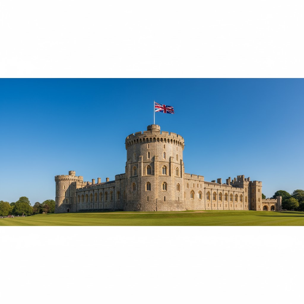 Panoramic shot of Windsor Castle with Union Jack flag waving on a clear blue sky