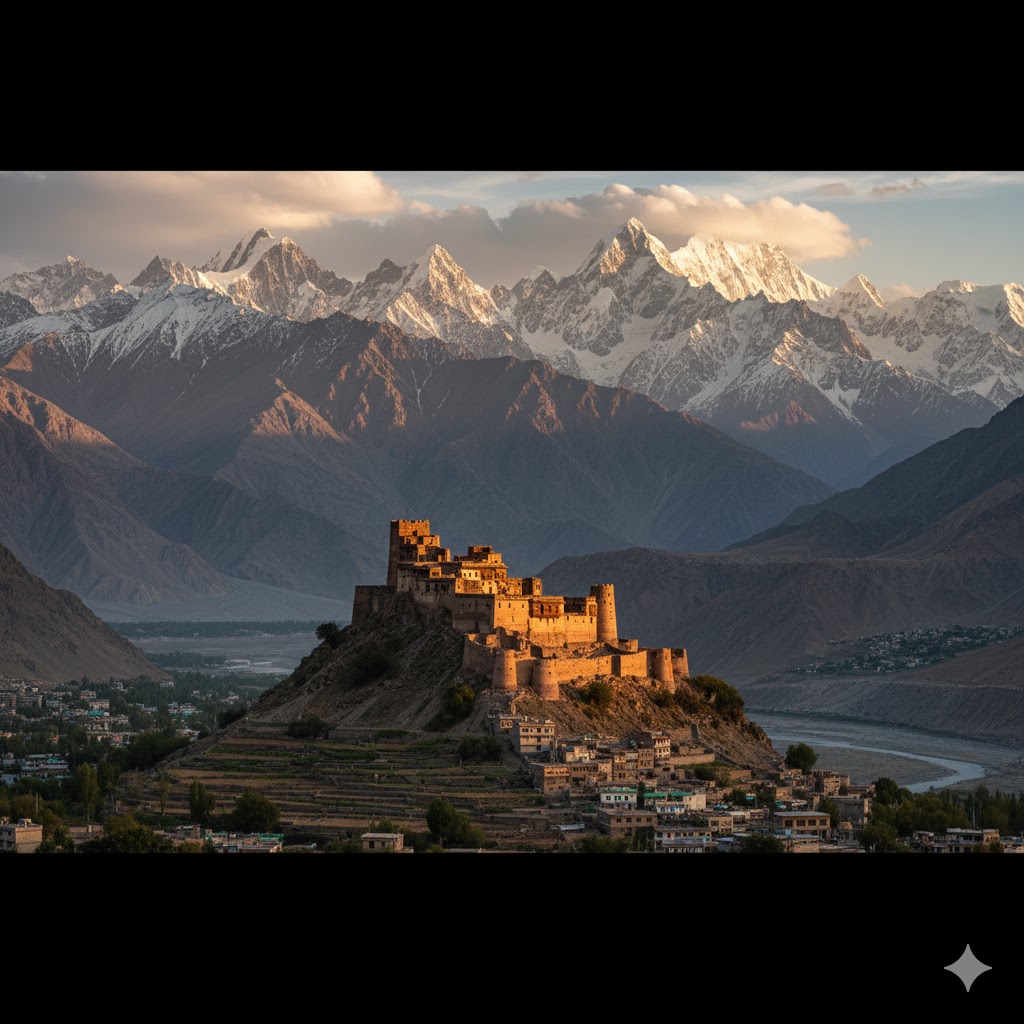 Panoramic view of Baltit Fort against the mountains