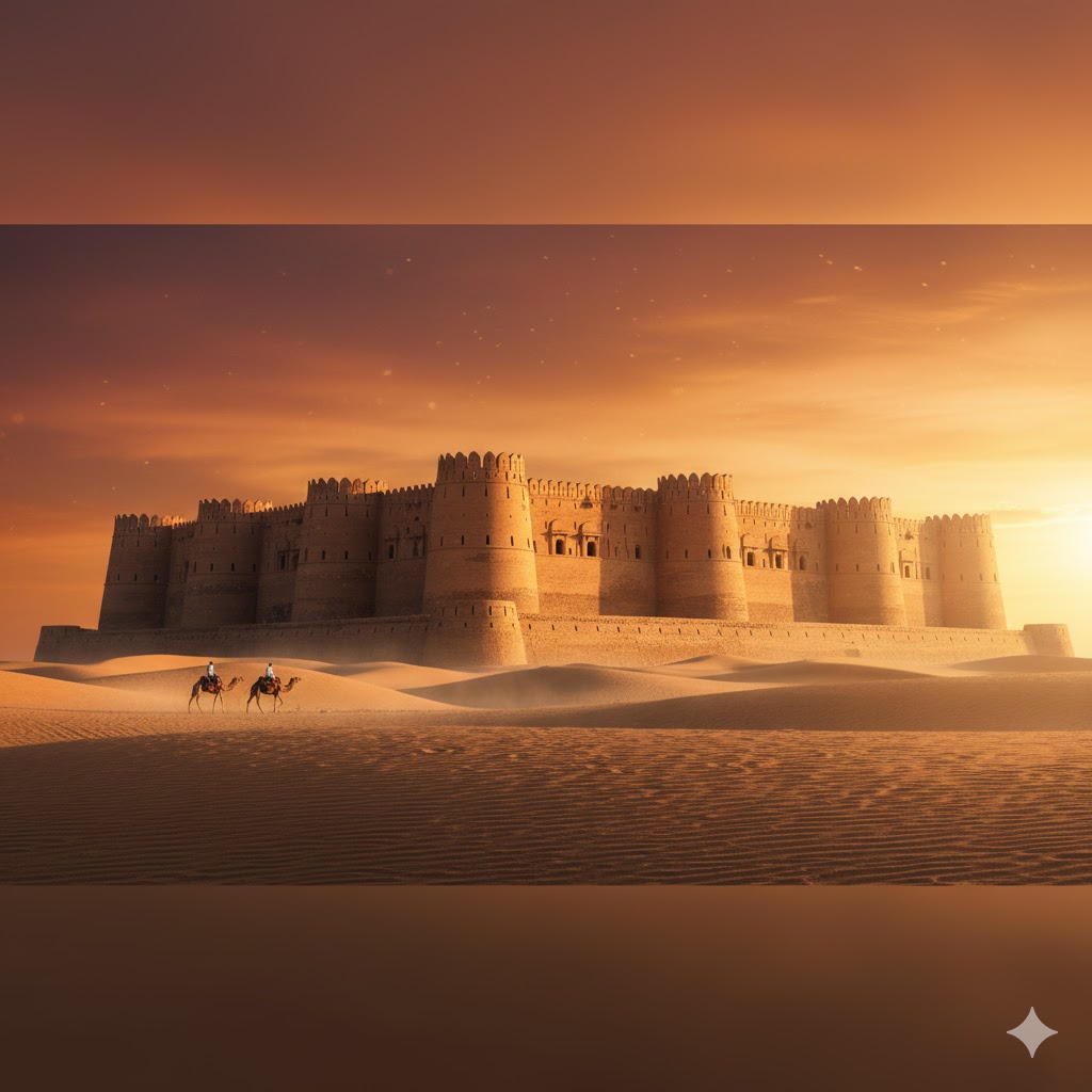 Panoramic view of Derawar Fort in Cholistan Desert during sunset, Southern Punjab.