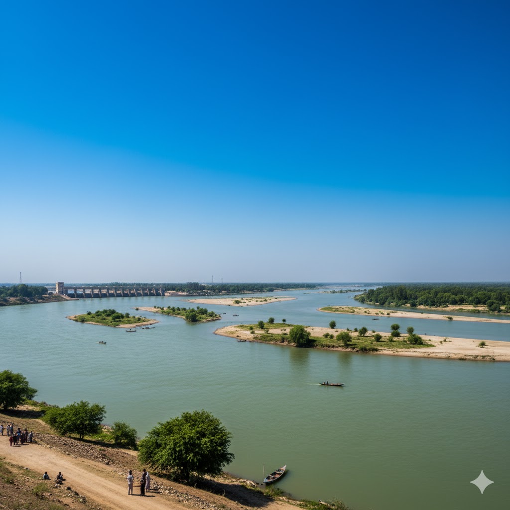 Panoramic view of Head Punjnad showing the merging rivers under clear blue skies