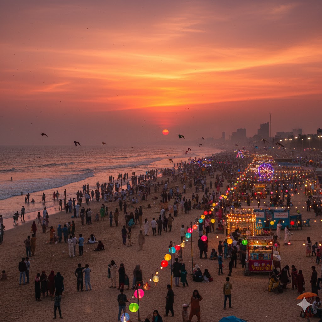 Panoramic view of Karachi’s Clifton Beach with festival crowds and colorful lights at sunset.