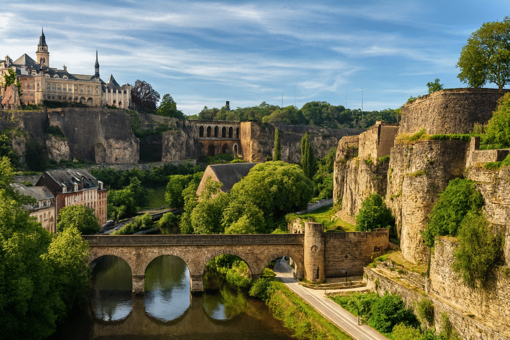 Panoramic view of Luxembourg City’s old fortifications and bridges