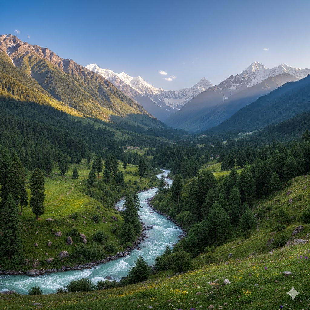Panoramic view of Naran Kaghan valley with rivers, pine forests, and snow-capped mountains