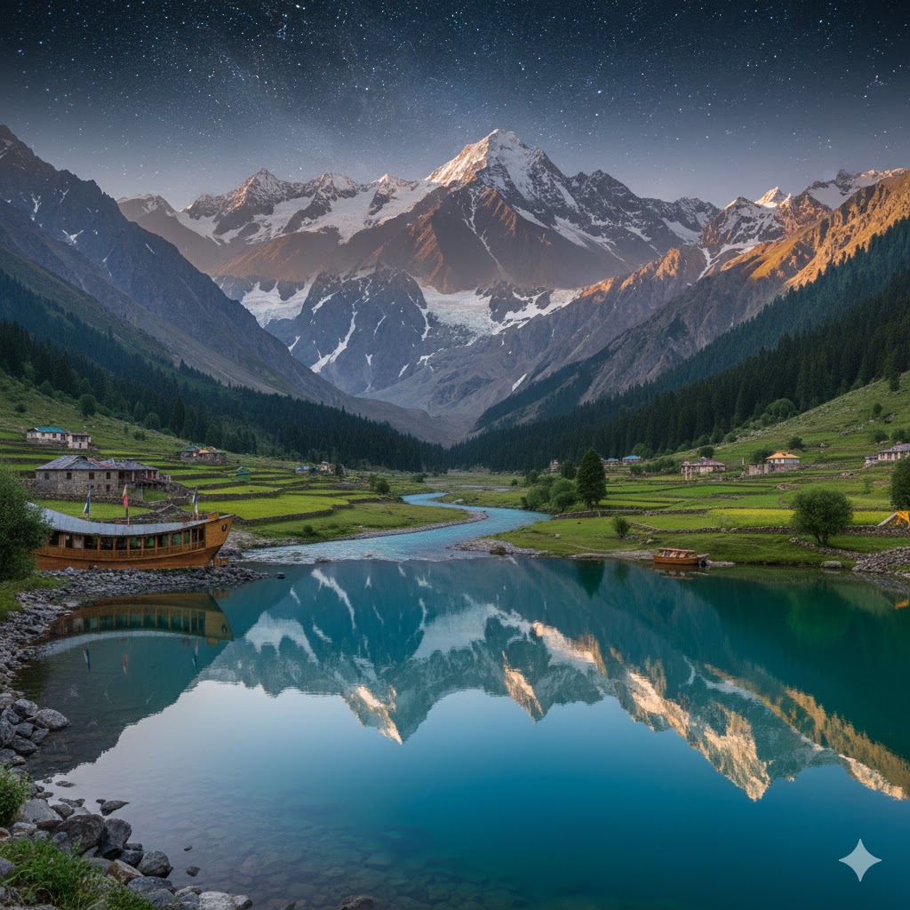 Panoramic view of Northern Pakistan’s valleys blending lakes, mountains, and villages
