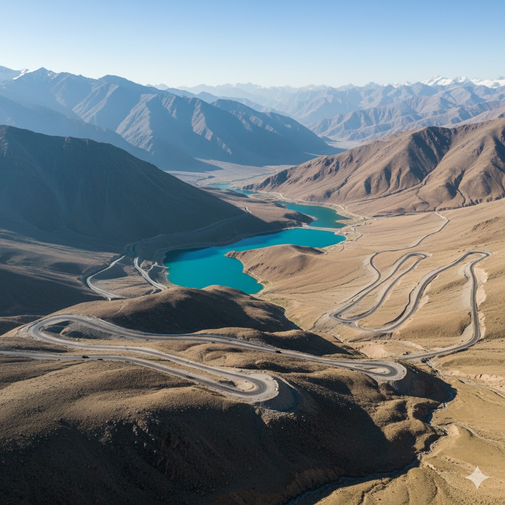 Panoramic view of Pamir Mountains with winding highway and turquoise lakes, Tajikistan.