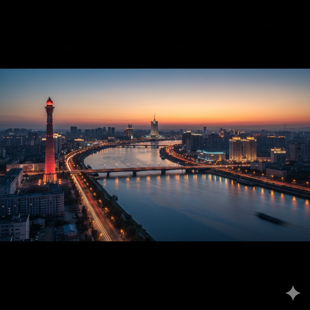 Panoramic view of Pyongyang skyline with Juche Tower, North Korea