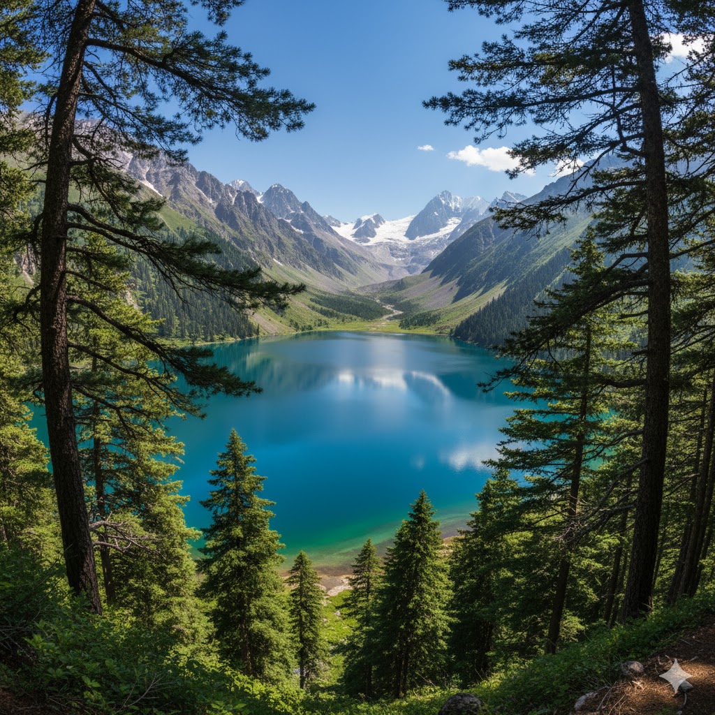 Panoramic view of Rainbow Lake visible through a gap in pine forests near Minimarg Valley 