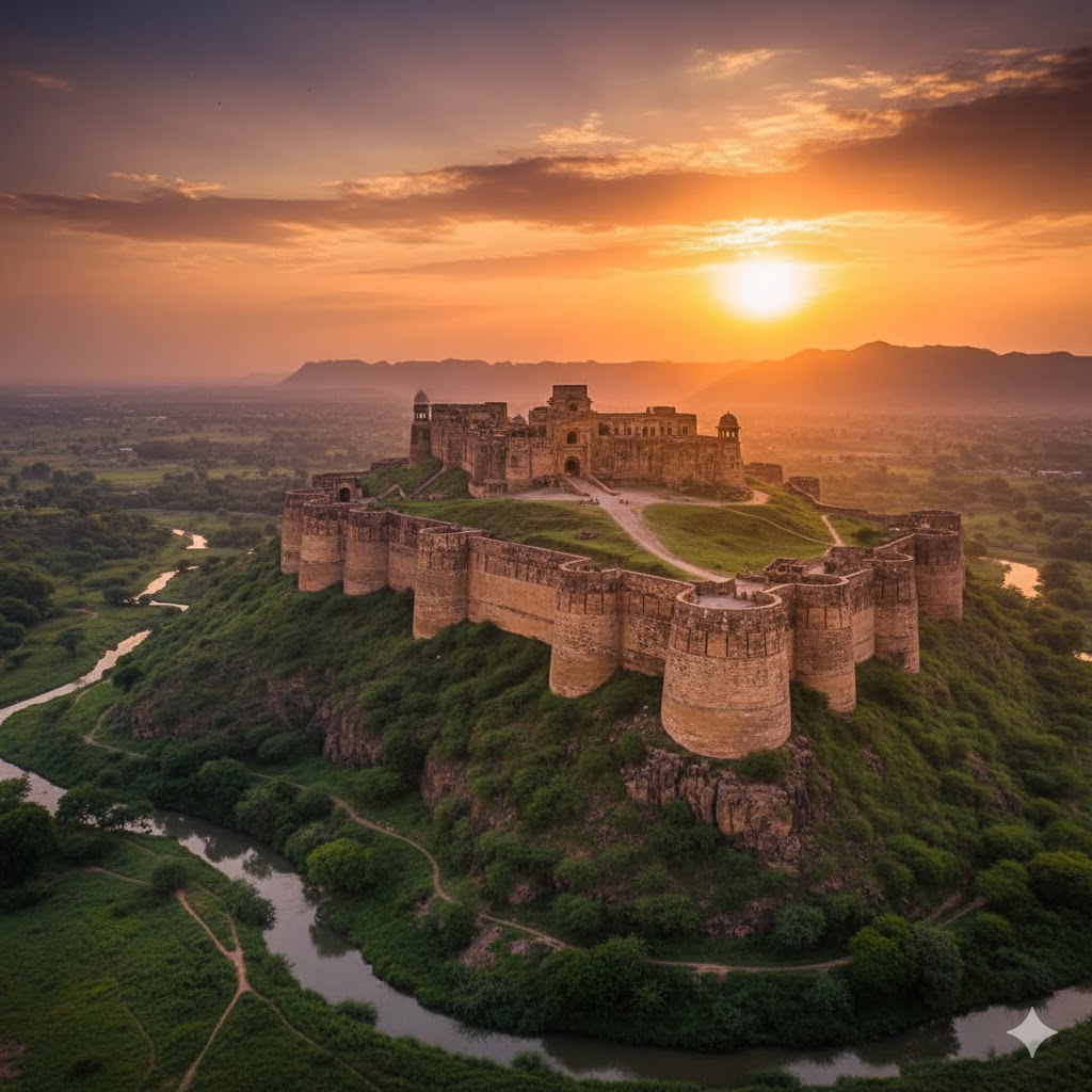 Panoramic view of Rohtas Fort, symbol of historic forts in Pakistan under sunset sky