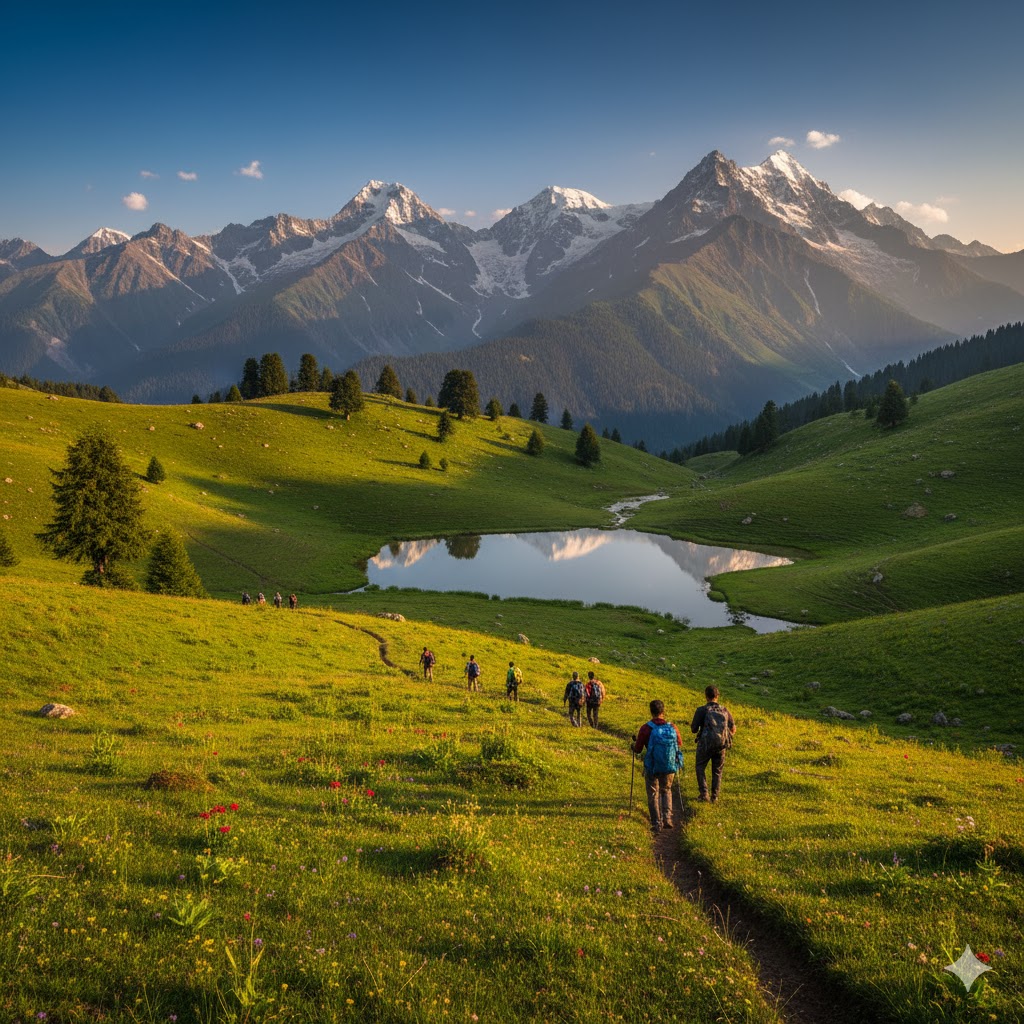 Panoramic view of Siri Paye Meadows with hikers exploring lush alpine landscapes