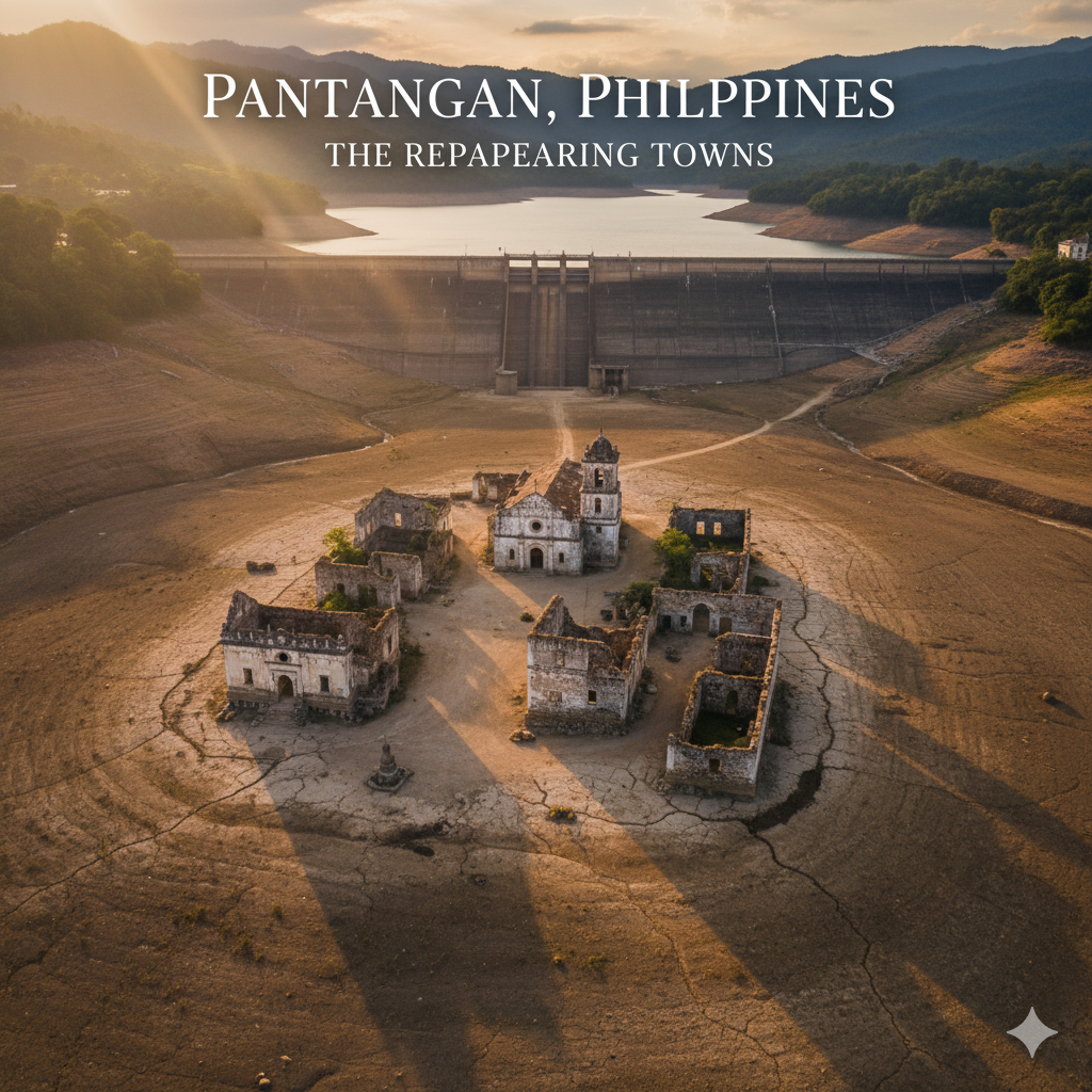 drought revealed sunken town Pantabangan Philippines church ruins