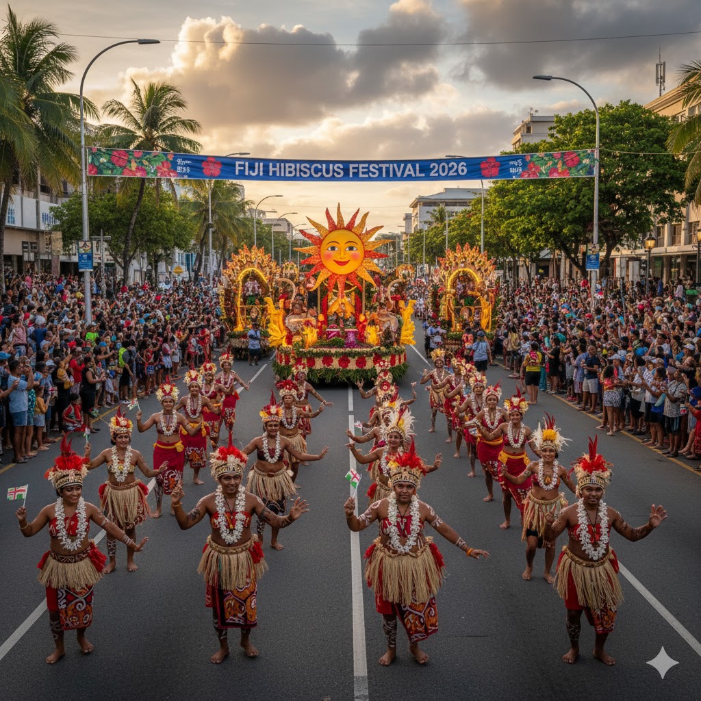 Parade floats and dancers in Suva during Fiji Hibiscus Festival 2026