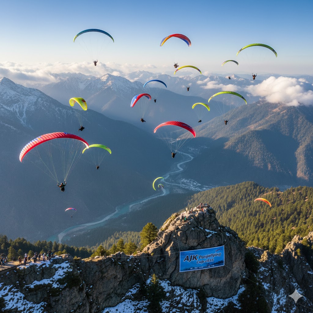 Paragliders flying above Pir Chanasi peaks during the AJK Paragliding Cup 2026