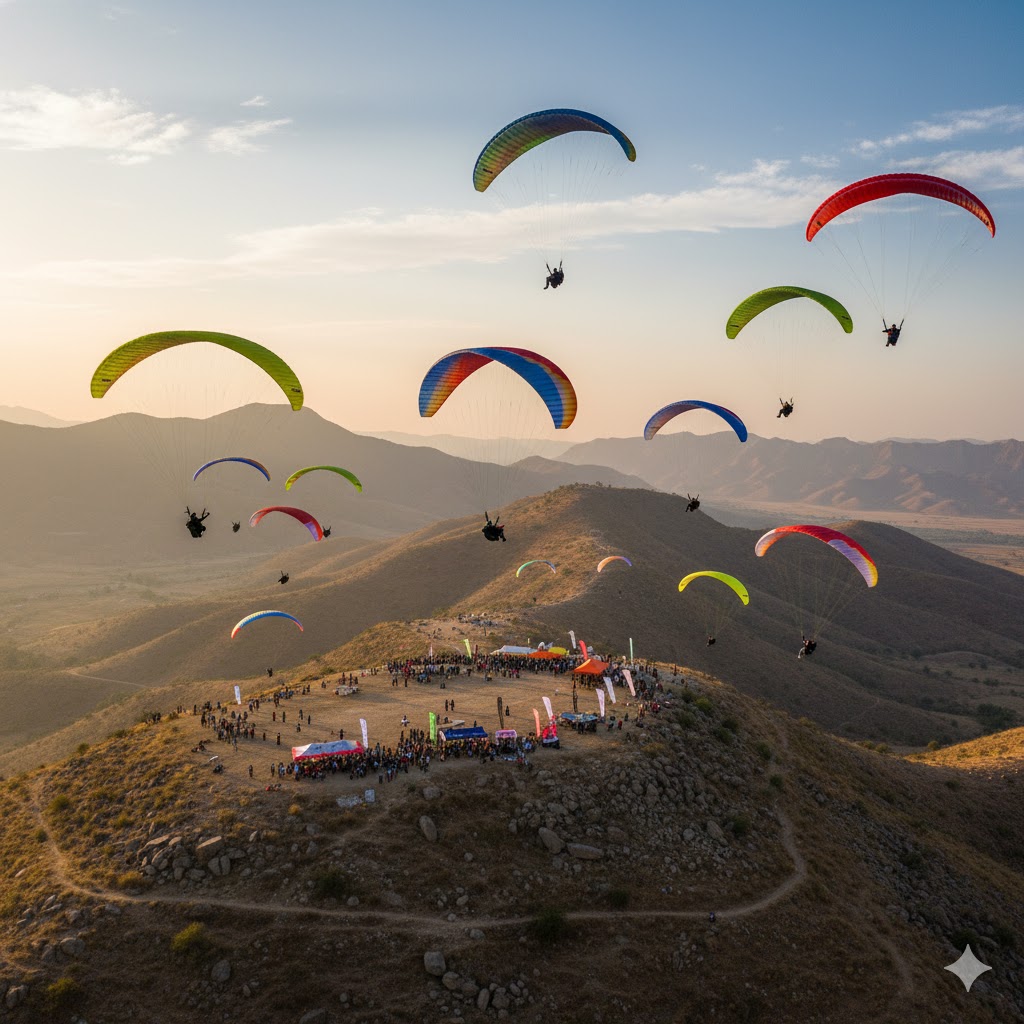 Paragliders flying over hills at Tilla Jogian Paragliding Festival, Punjab.