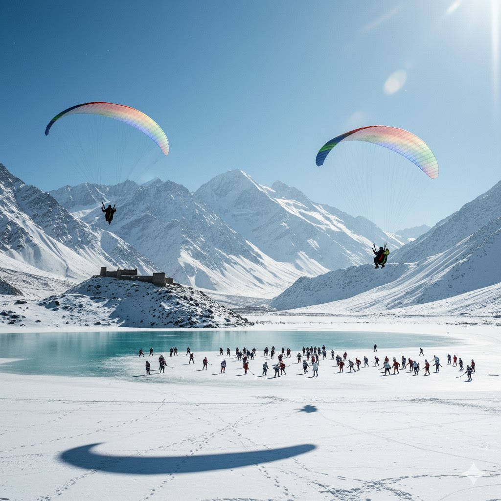 Paragliders flying over snow-covered Hunza with ice hockey players competing on Altit Lake in the background