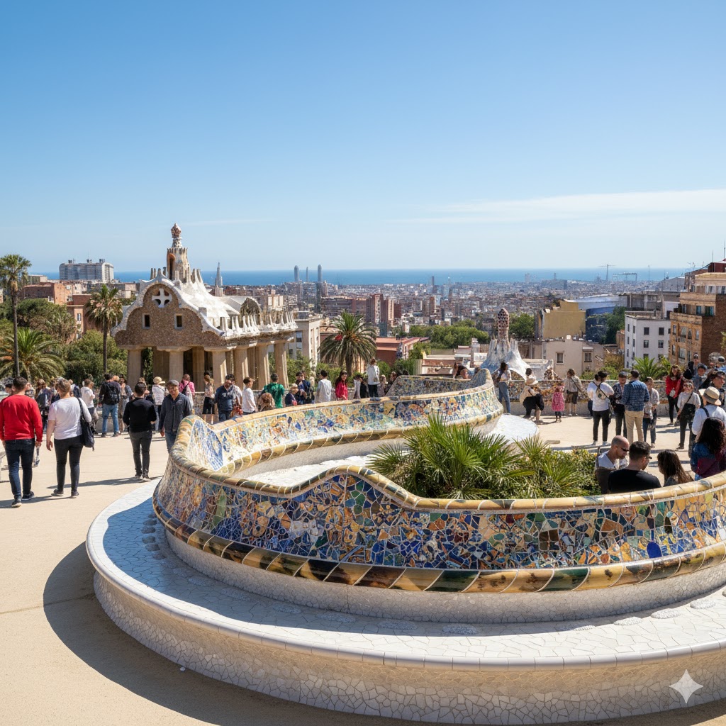 Park Güell mosaic terrace in Barcelona, Spain