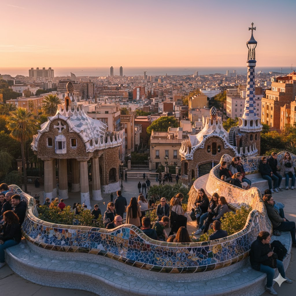 Park Güell mosaic terraces overlooking Barcelona city, Spain