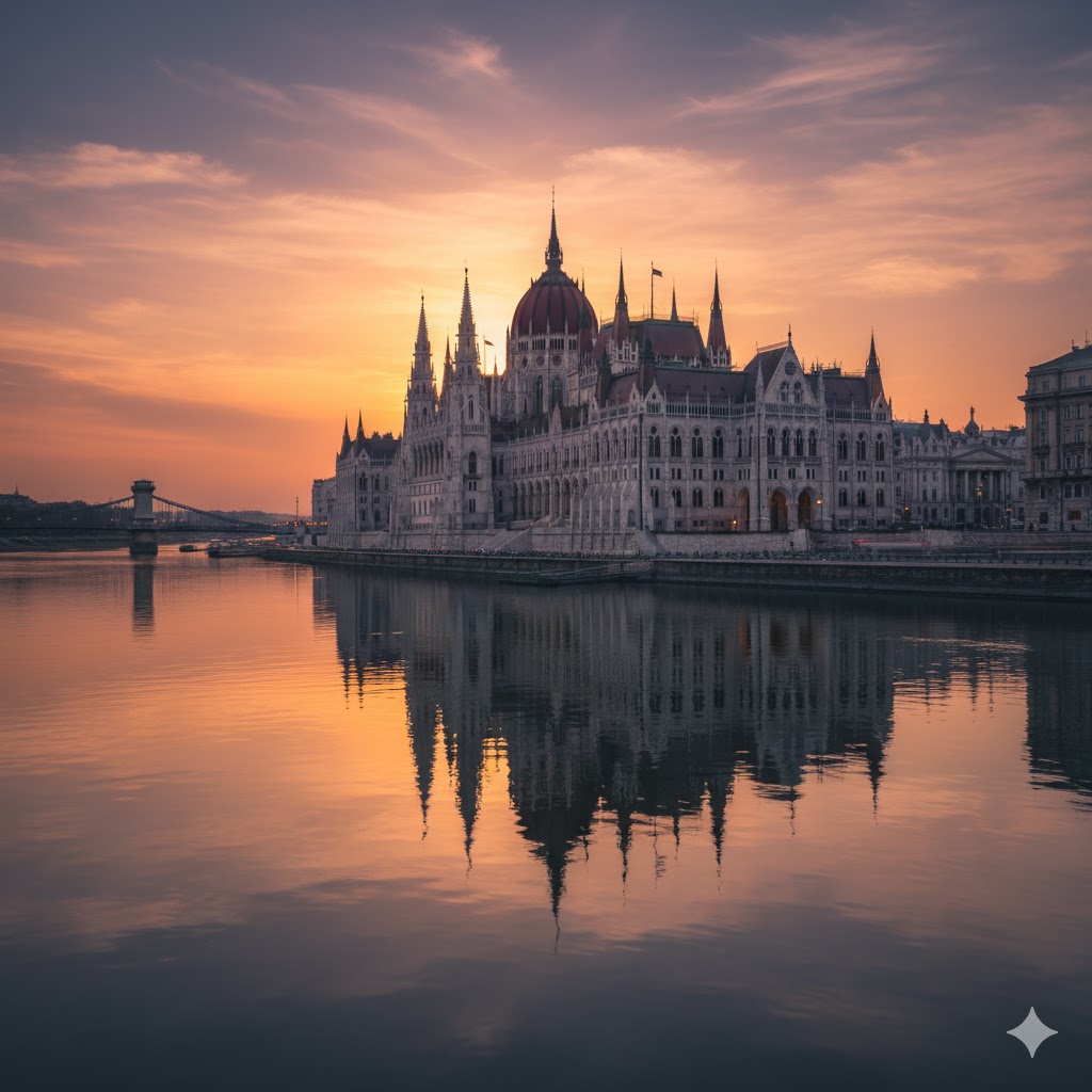 Parliament building reflecting in Danube River at sunset, Budapest, Hungary