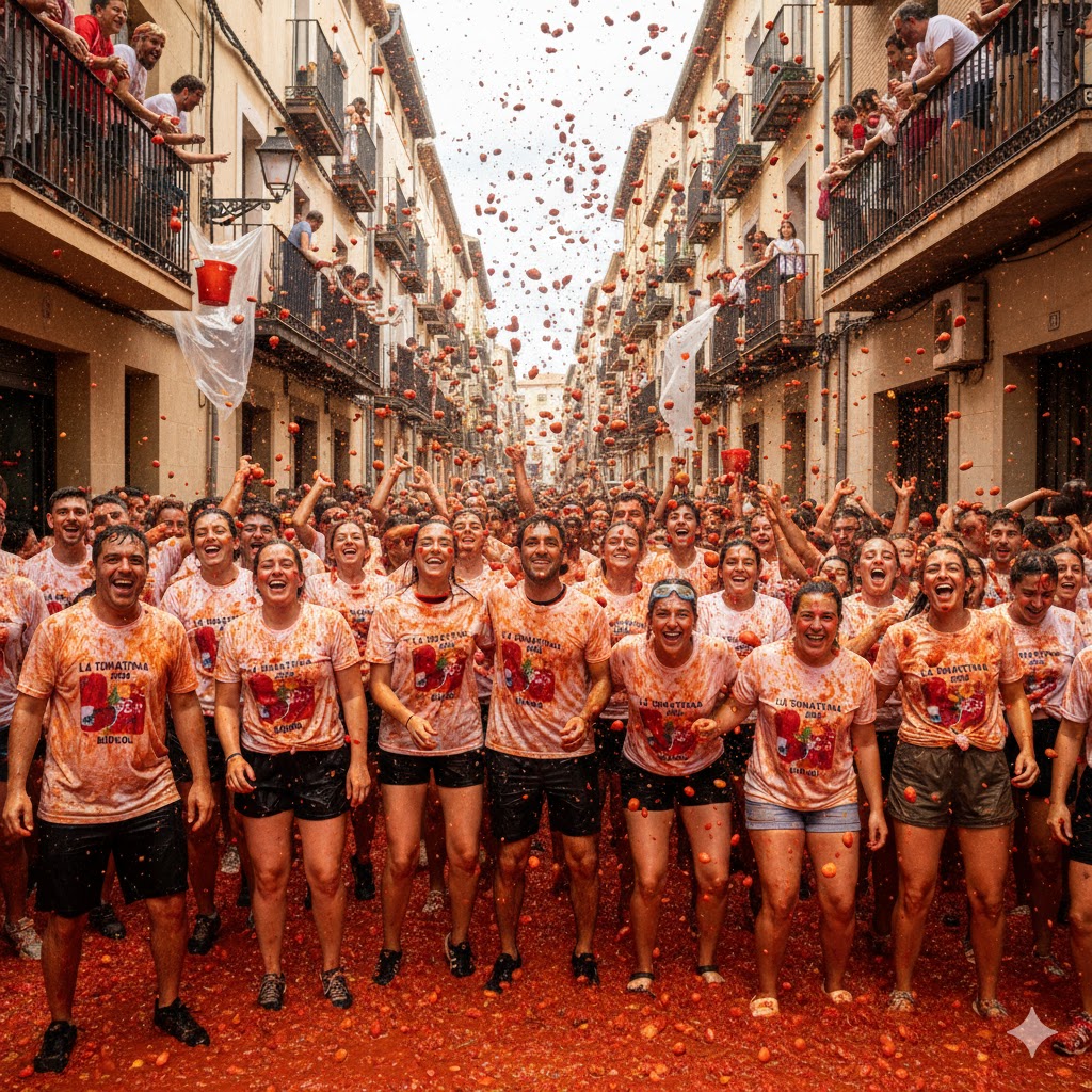 Participants covered in tomatoes during La Tomatina Festival Spain 2026 street event