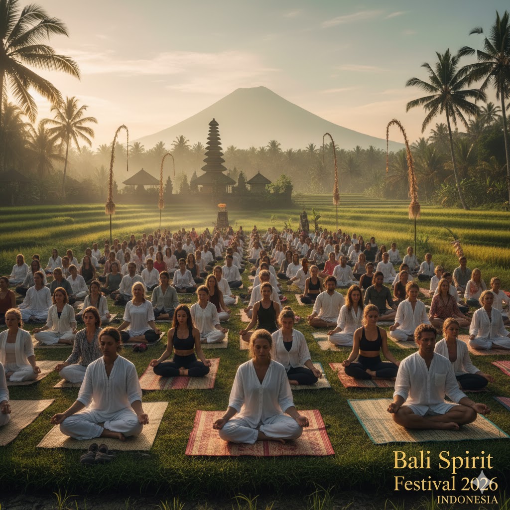 Participants meditating at Bali Spirit Festival 2026 in Indonesia